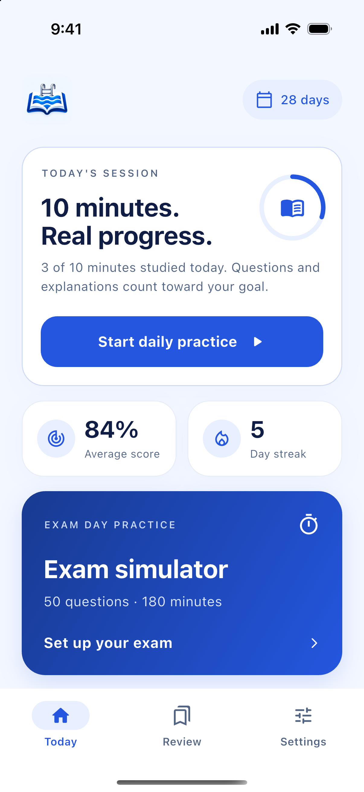 Pool Pro dashboard showing daily practice, study progress, and the exam simulator