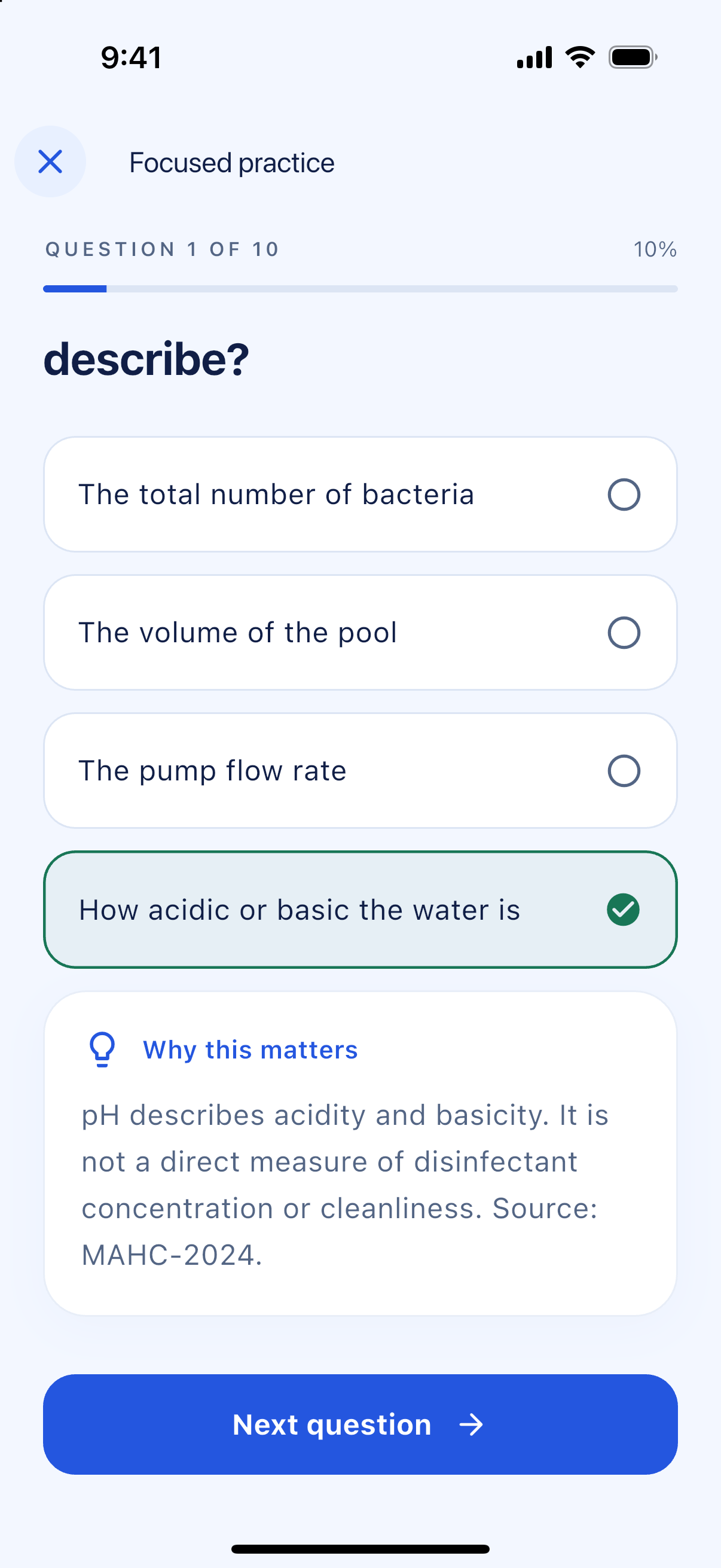 A real Pool Pro practice question with answer choices and an explanation
